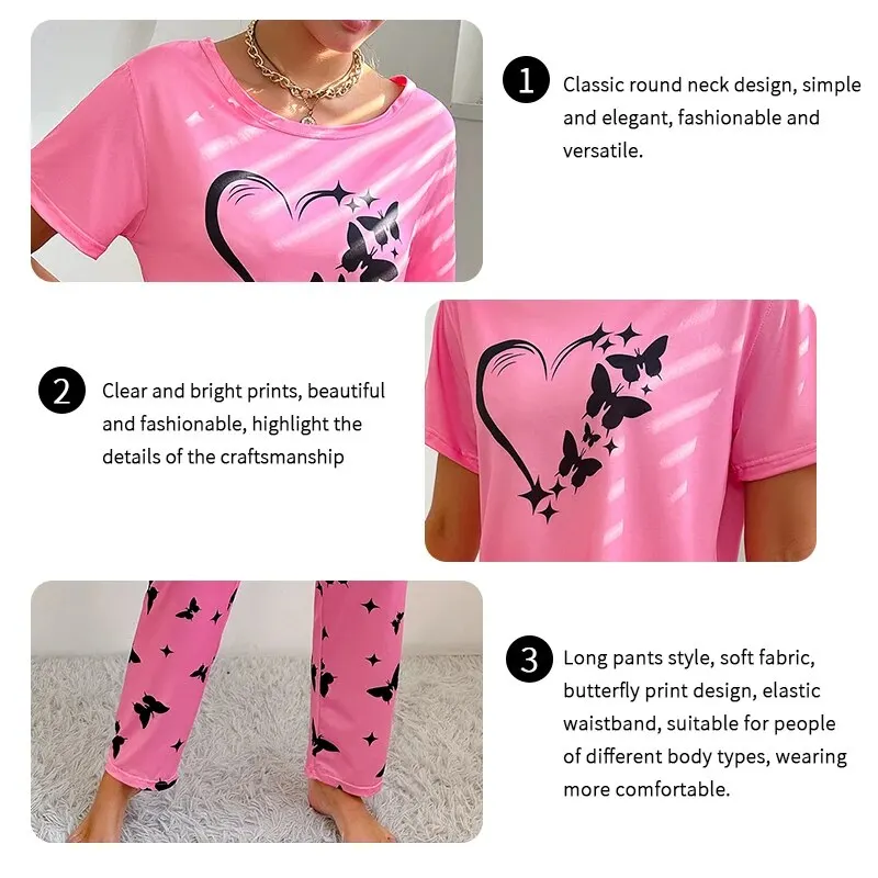 Women Pajamas Sets Sleepwear Summer 2 Pieces Pijama Short Sleeve Tops With Pants Set Butterfly Printing Pyjama Femme Loungewear