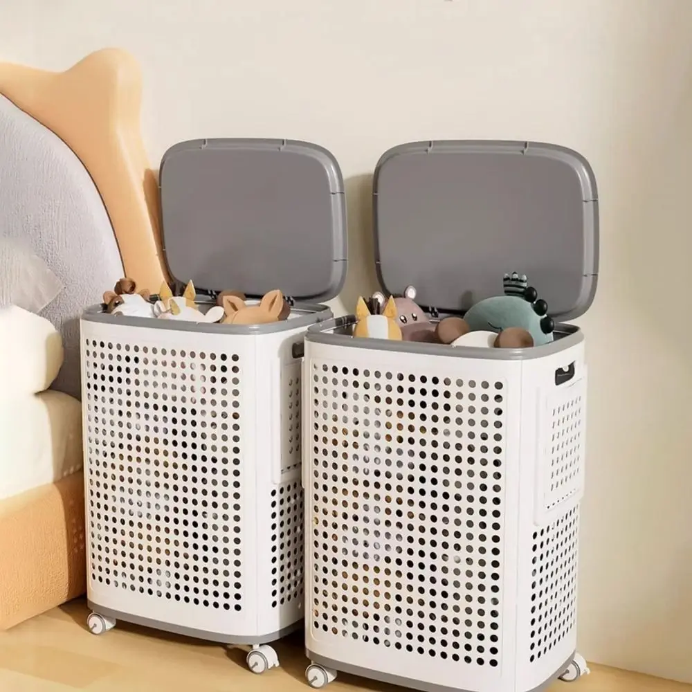

Large Capacity Folding Dirty Clothes Basket Dust-proof Plastic Rolling Laundry Basket with Mute Wheels Detachable