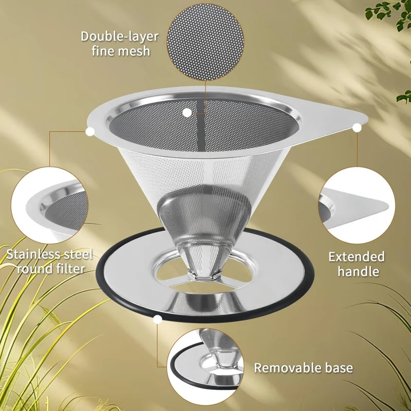 

Кофейник из нержавеющей стали, многоразовый металлический фильтр для кофе, машина для розлива кофе с двойной сеткой и съемным основанием