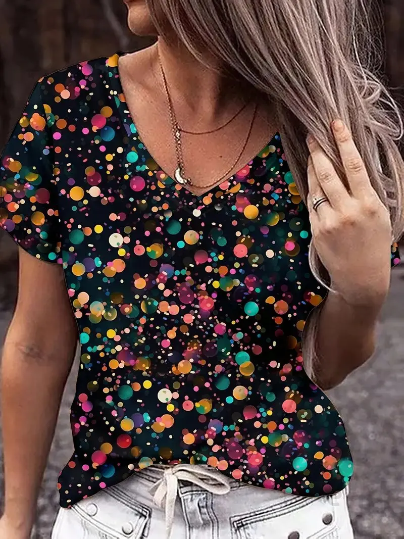 

2025Новая летняя женская модная элегантная футболка с v-образным вырезом, сексуальная футболка в романтическом стиле, свободный дизайн с принтом блесток