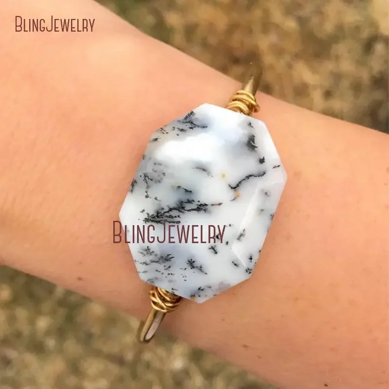 Dendrite Opal Cuff White Marble Stone Bohemian Dendritic Octagon Cut Chunky Gold Color Bangle Bracelet Women Jewelry