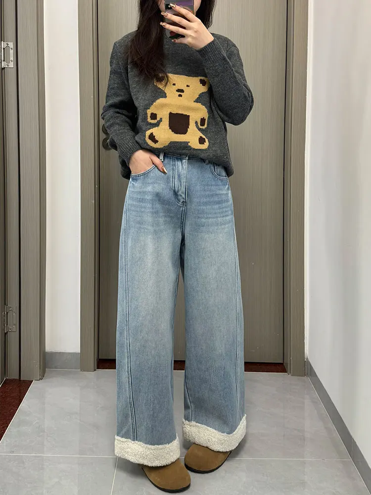 

Прямые джинсы с высокой талией на подкладке из меха ягненка, женские зимние узкие свободные широкие брюки с девятью точками, повседневная одежда