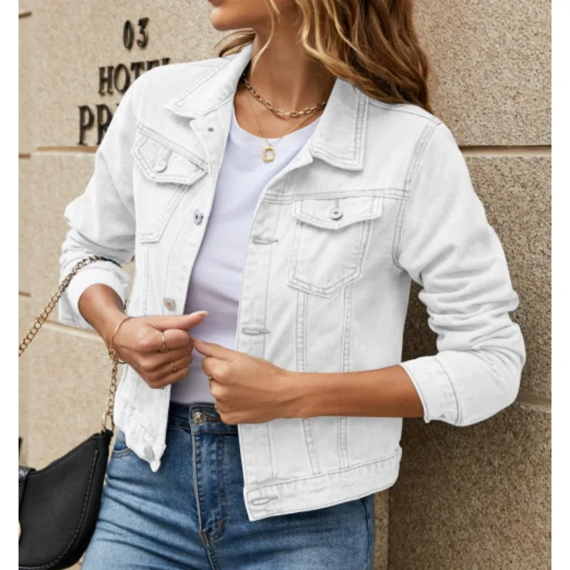 Solid Color Cropped Denim Jacket Lapel Collar Button Down Chest Pockets Long Sleeve Women Casual Trucker Coat 260702