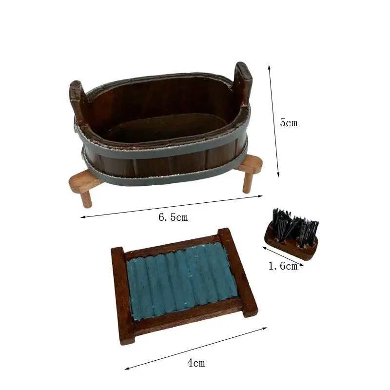 Small-Scale 1:12 Dollhouse Miniatures, Wooden Barrel Washboard Brush Pretend Play Toy Set; Micro Landscape Playset