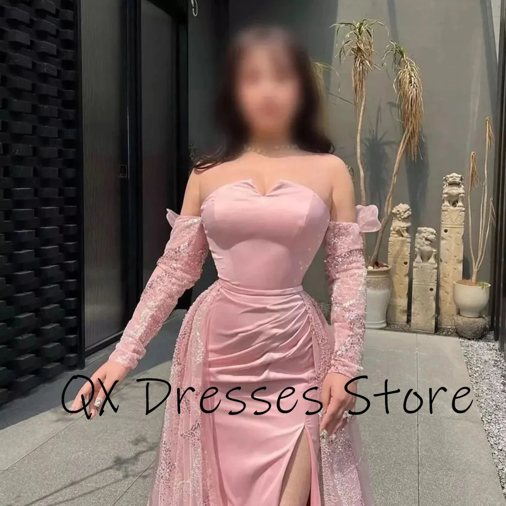 Vestido de noche de una línea de Jersey de lentejuelas rosa sin tirantes brillante personalizado Vestidos de fiesta de desfile hasta el suelo con pliegues sin espalda sexy