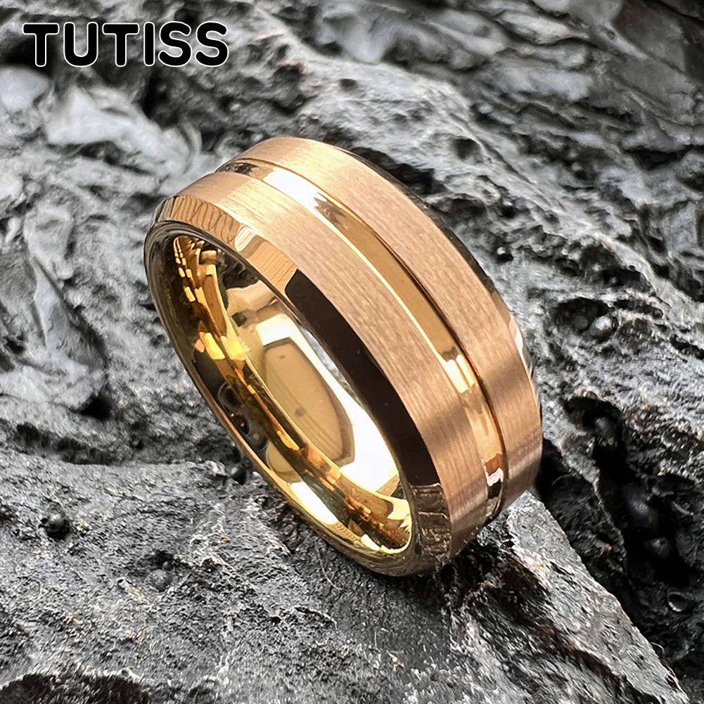 TUTISS 8mm Gold Rose Color Tungsten Carbide Ring Men Women Wedding Band Center Groove Brushed Beveled Edges