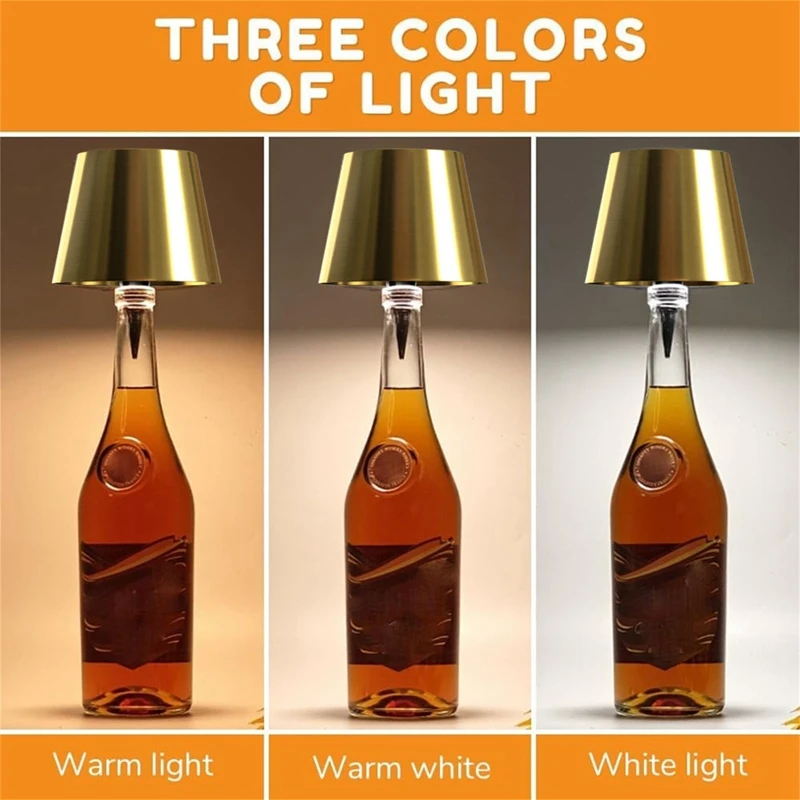 Hot Sale Wireless Bottle Lamp,3 Color Stepless Dimming Bottle Lamp,Rechargeable Touch Lamp (2Pcs-Gold)