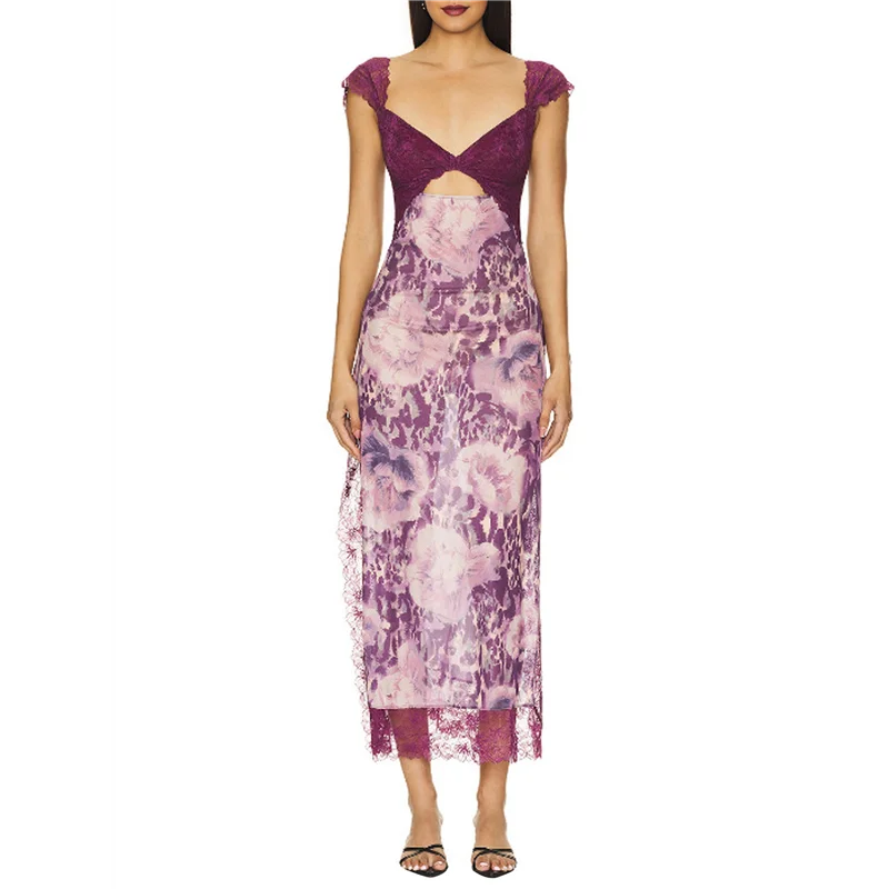 A83F-Women Lace Patchwork Mesh Maxi Dress Floral Print Cutout Sweetheart Neck Backless Slit Summer Y2K Long Dresses