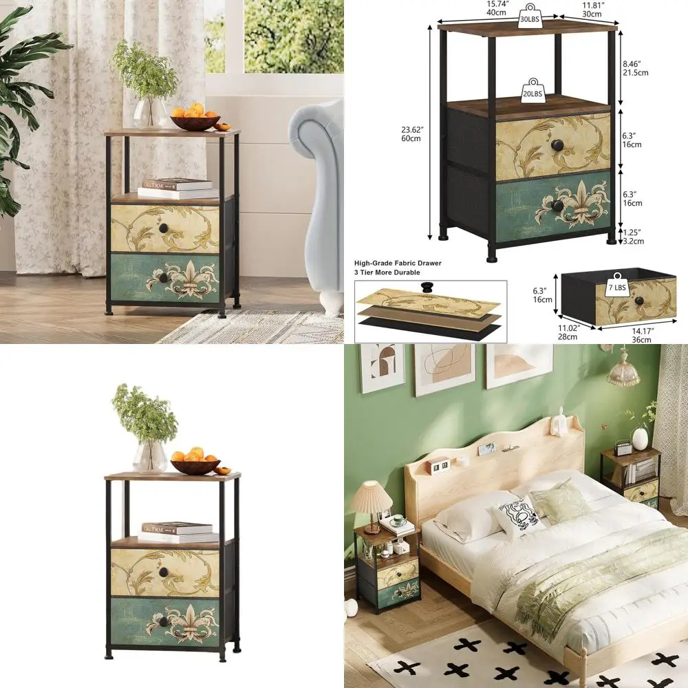 

Vintage-Style Fabric Drawer Nightstand with Open Shelf, Ideal for Bedroom or Living Room