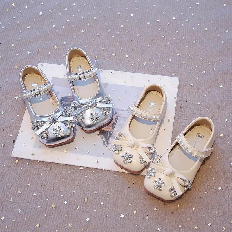 

Girls Princess Shoes Crystal Floral Square Toe Kids Flats PU Leather Shoes with Bow-knot Fashion Children Mary Janes Shoes