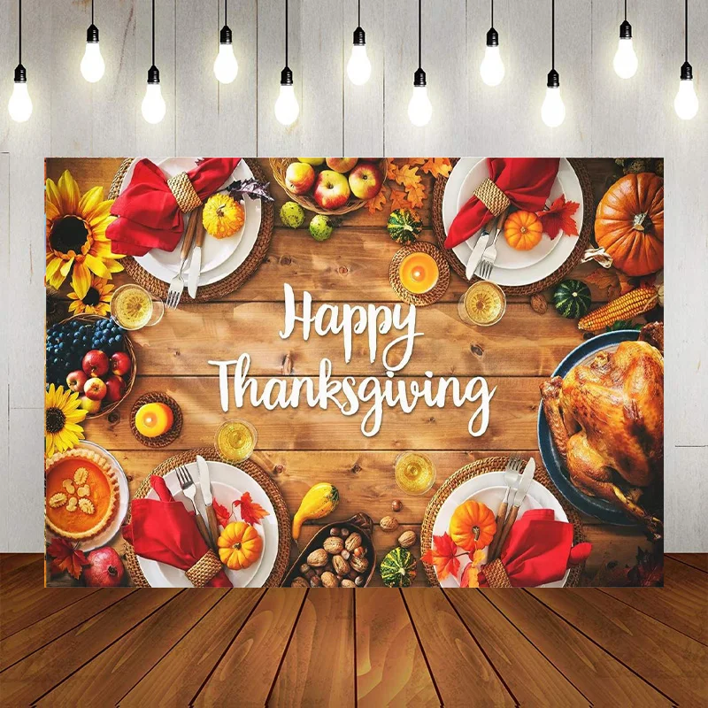 Happy Thanksgiving Day Backdrop Photography Traditional Festival Celebration Fall Harvest Pumpkins Wooden Board Background Pro