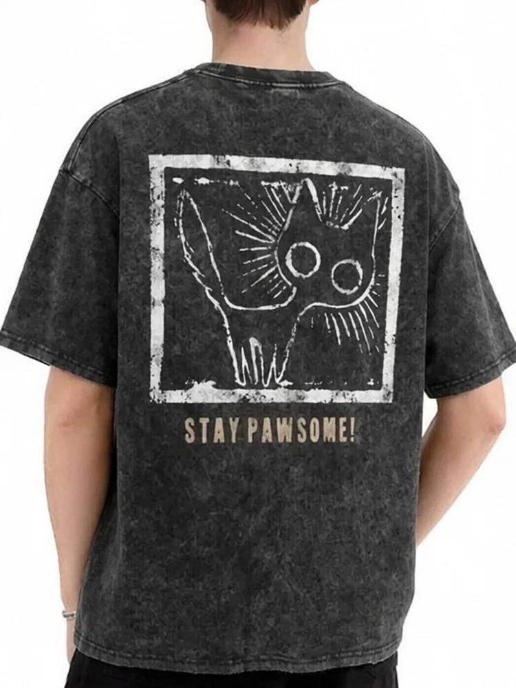 Vintage Acid Wash Black T Shirt Men's Oversized Loose Crew Neck Short Sleeve Streetwear Tops Abstract Cat Square Retro Tunics