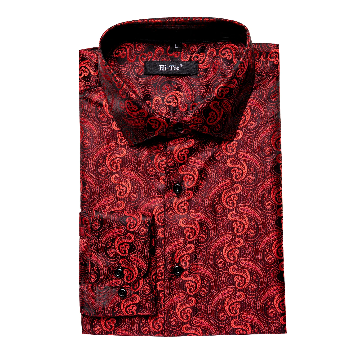 Hi-Tie Spring Autumn Mens Shirts Silk Red Black Paisley Suit Turndown Collar Shirt Casual Formal for Male Wedding Business Gifts