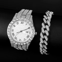 2 Pcs Watch+bracelet Hip Hop Stainless Steel Gold Color Calendar Watch For Men Iced Out Paved Rhinestones Men Watch Reloj Gift