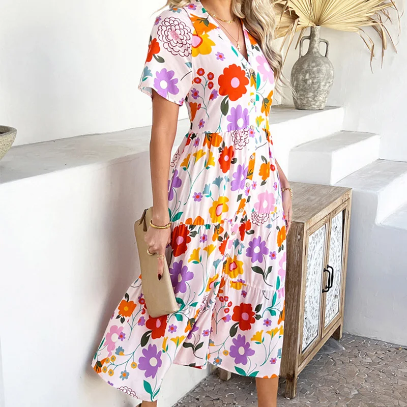 Boho Women's Summer Long Dress Elegant Vacation Printed Contrasting Color Bohemian Short Sleeved Maxi Dresses Ladies Vestidos