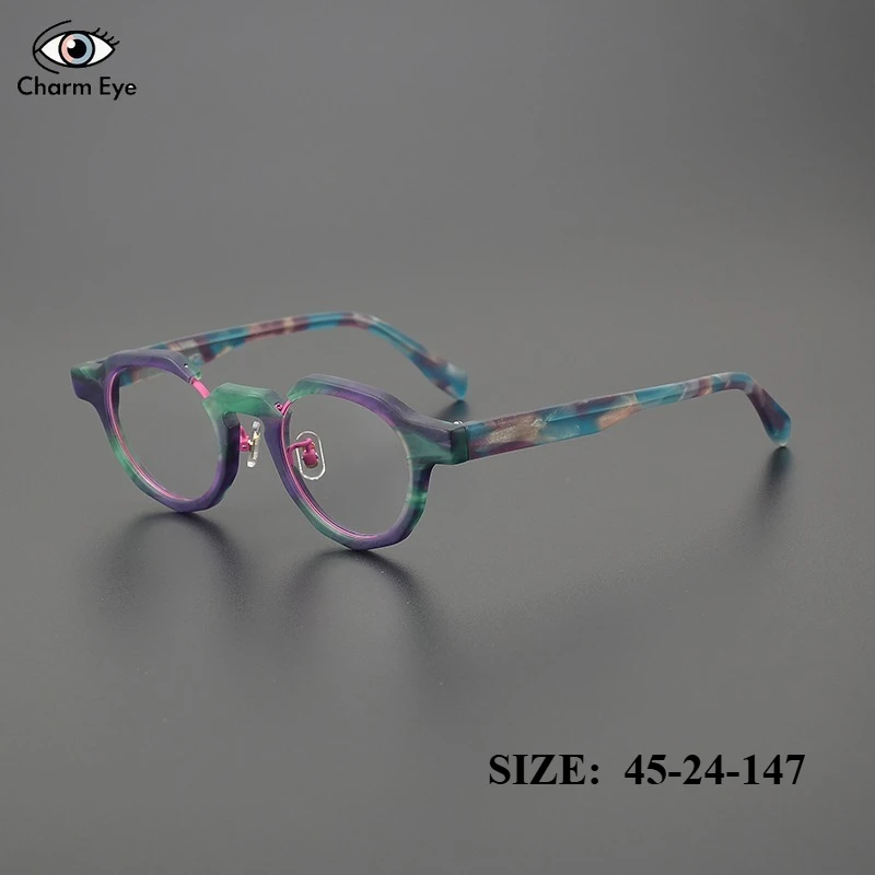 New Handmade Acetate Eyeglass Frame for Men Women Fashion Retro Round Color Blocked Plus Size 150 Anti Blue Light Myopia Glasses