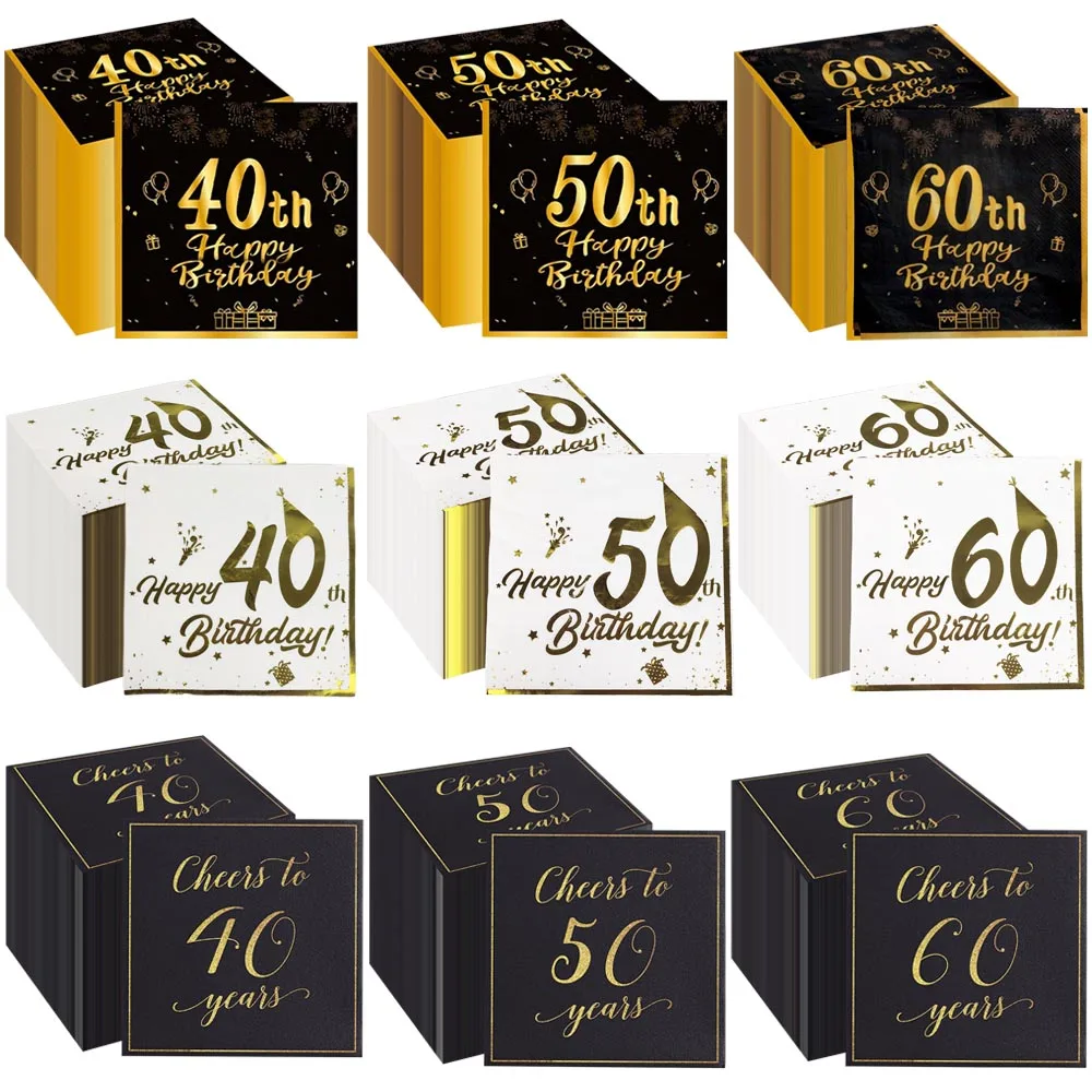 20-100 قطعة سعيد 40th 50th 60th عيد ميلاد المناديل الورقية الذهب الأسود المتاح كوكتيل المناديل لذكرى عيد ميلاد الديكور