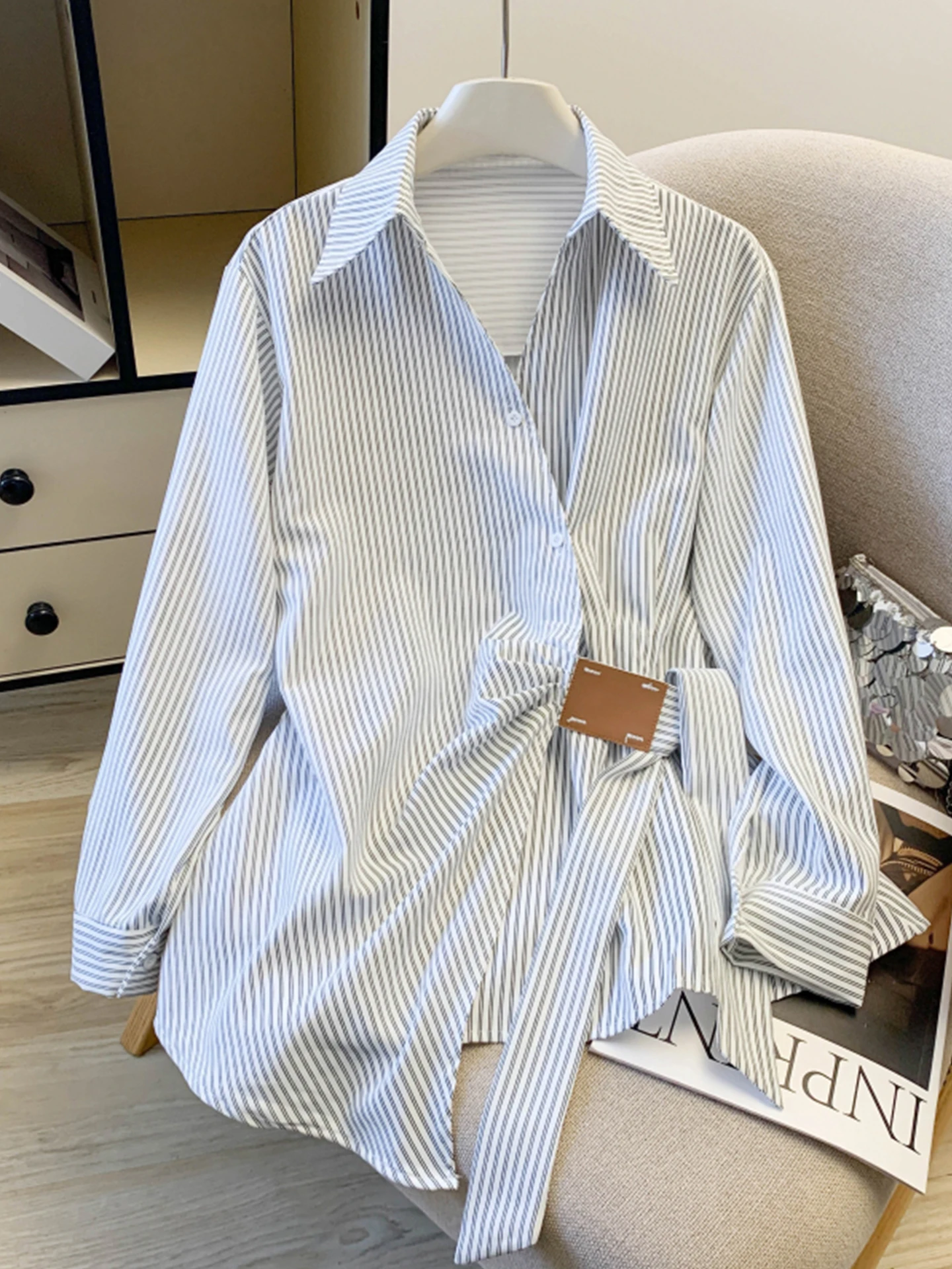 

Emily Clud Recommended Uneven Tied Waist Stripe irt V-Ne Long Sve Women's Spring Autumn Casual Sle Breathable