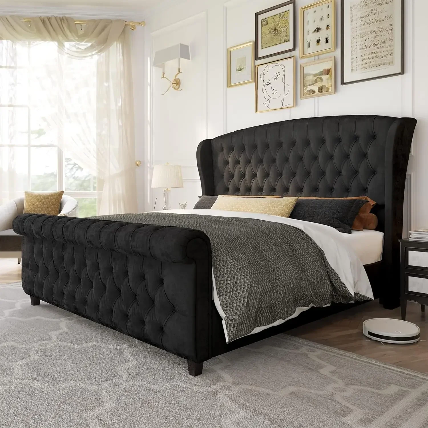 Queen Size Platform Bed Frame, Velvet Upholstered Sleigh Bed with Scroll Wingback Headboard Footboard/Button Black