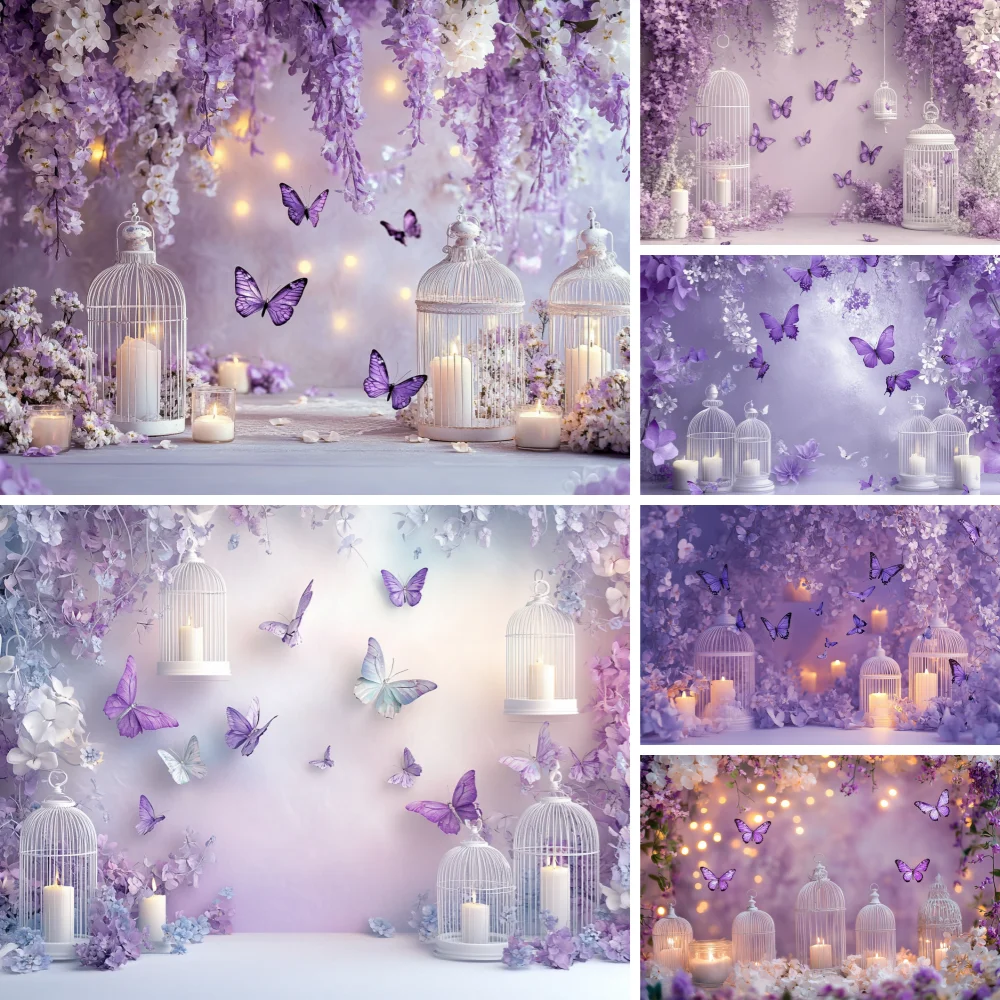 

Purple Butterfly Wall Theme Photography Background Flower Spring Candle Portrait Wedding Bridal Party Decoration Props Gifts