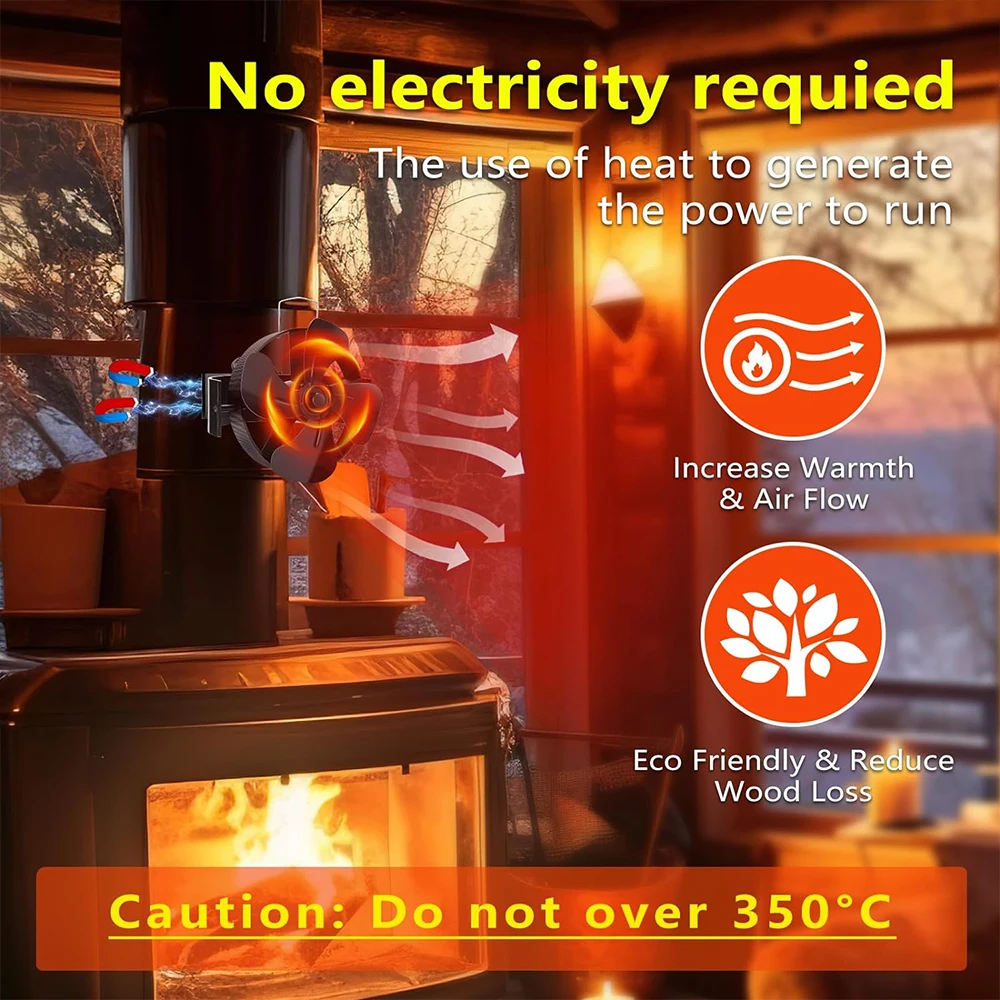 4 Blades Heat Powered Fireplace Fan 360 Rotating Stove Fan Log Wood Burner Eco-fan Quiet Heater Home Efficient Heat Distribution