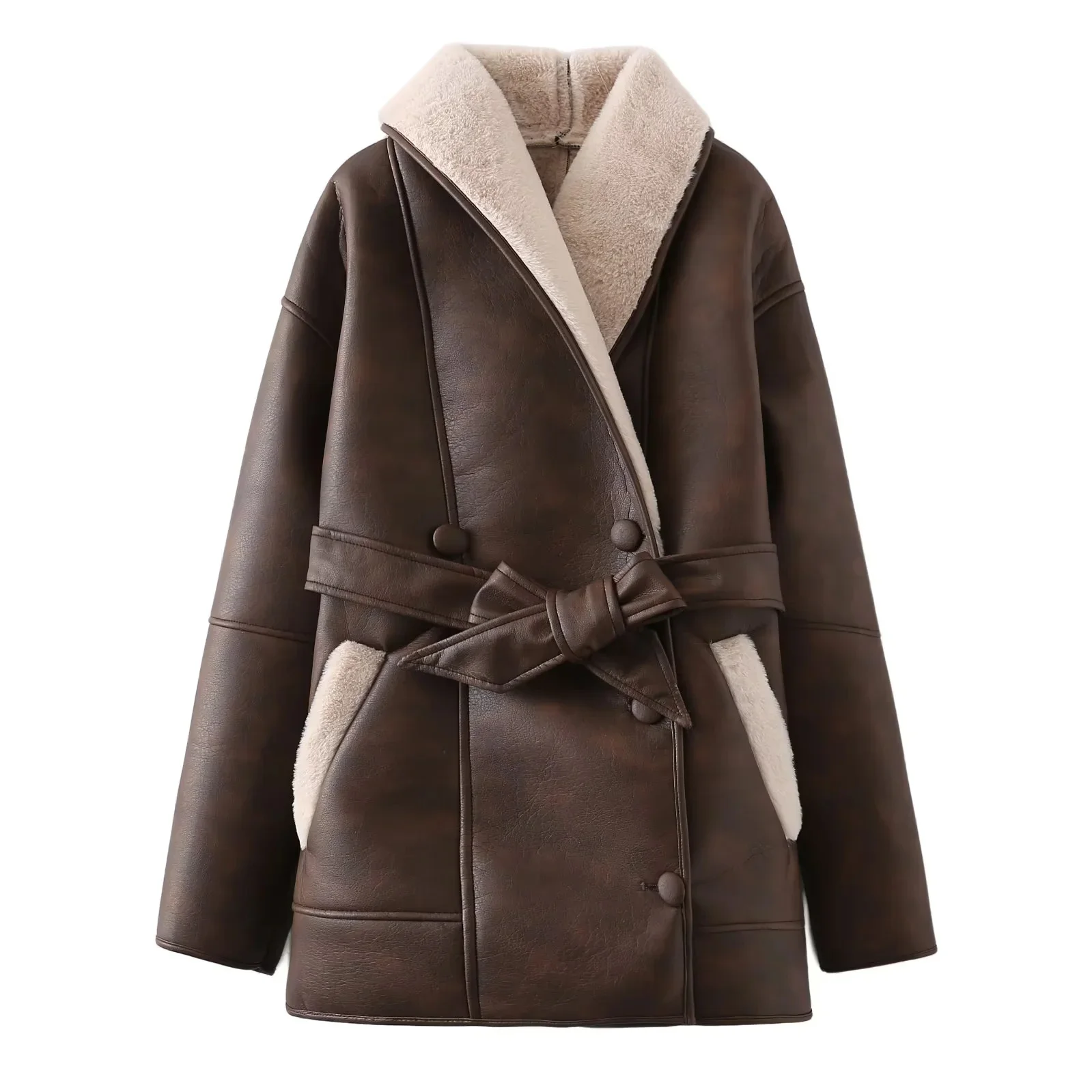 ربيع جديد المرأة فضفاضة طويلة Sve طوق بولي Leather الجلود الفراء Jaet منتصف طول معطف تخفيف Sle Thiened ألياف البوليستر