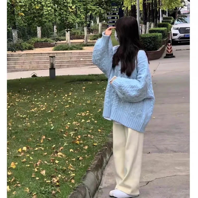 

Blue V-Ne Sweater Women's Soft Knitted Top Coat Lazy Sle Japanese Milk Series Autumn Winter Faion Set Student Work orm