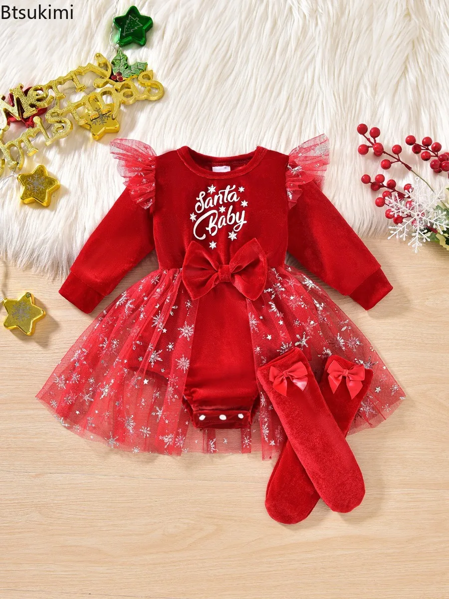 Winter Baby Girls' Christmas Velvet Bodysuit Dress Santa Printed Tulle Tutu Dress with Bow Matching Socks Newborn Party Outfit