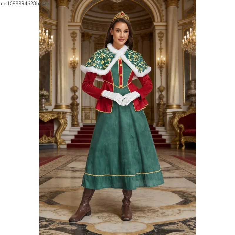 

Medieval Queen Dress Court Style Red Green Blocking With Fur Shawl Crown Gloves Holiday Party Outfit Women's Stage Wear Suit