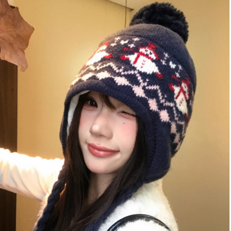 اليابانية معرض جزيرة نمط ثلج الجاكار الأذن البلوز قبعة قبعة للنساء الخريف والشتاء سميكة الدافئة الدانتيل متابعة قبعة متماسكة