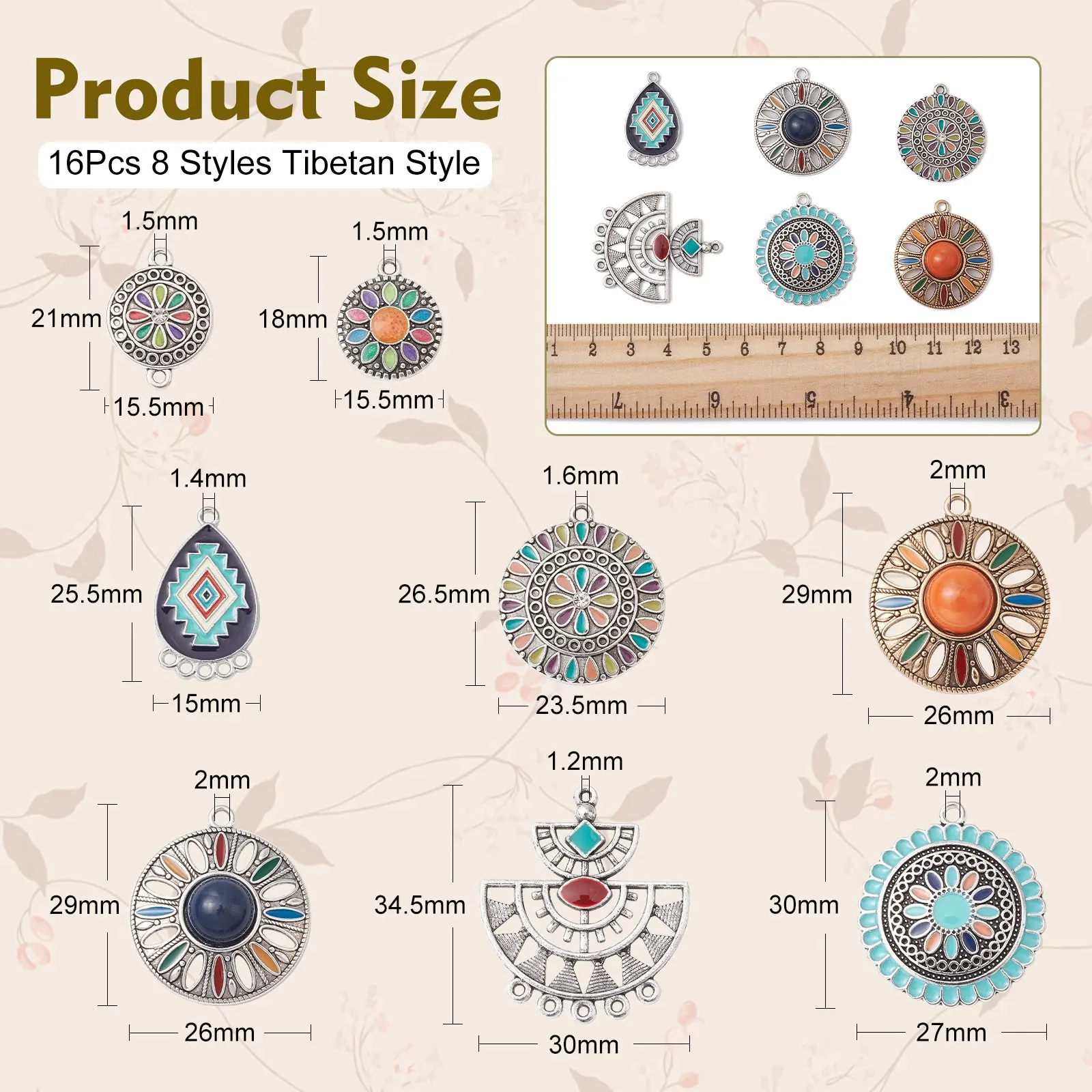 Pandahall 16Pcs 8 Styles Tibetan Style Enamel Chandelier Components Links Flat Round Teardrop Charms for Jewelry DIY Making