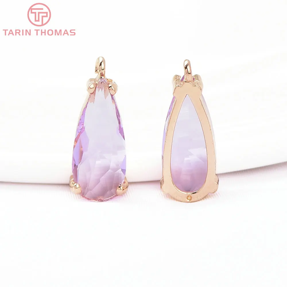 (8371) 6PCS 7.5x18.5MM 24K Gold Color Brass with Glass Water Drop Shaped Pendants High Quality Diy Jewelry Making Findings
