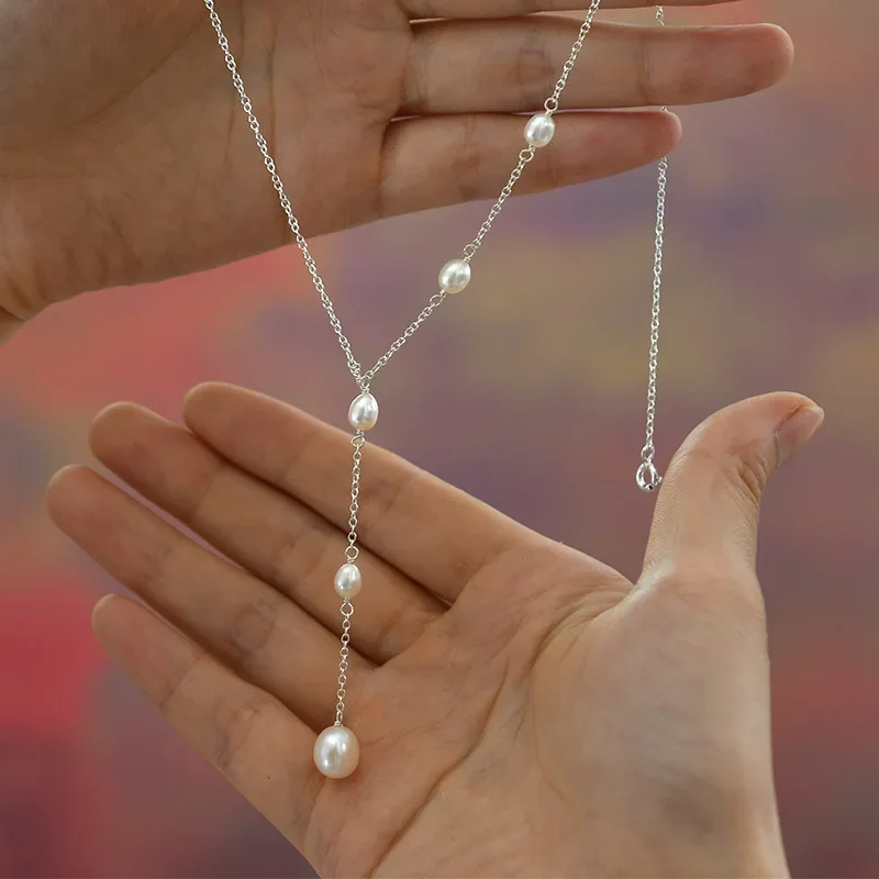 Minar Classic 4-5mm 8-9mm Natural Freshwater Pearl Long Tassel Pendant Necklaces for Women Femme Silver Plated Copper Choker