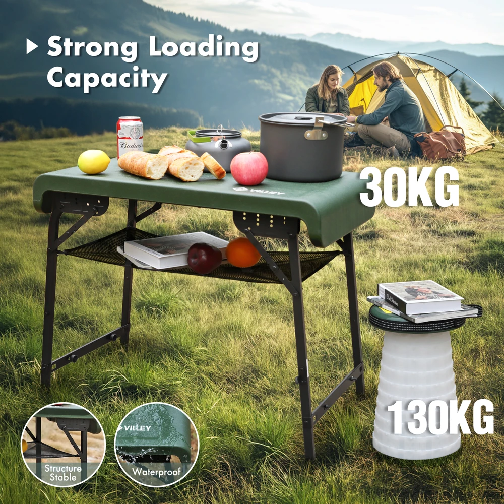 VILLEY Folding Camping Table Chair Set with Storage Organizer Portable Outdoor Furniture With Two Stools  for Garden Camping