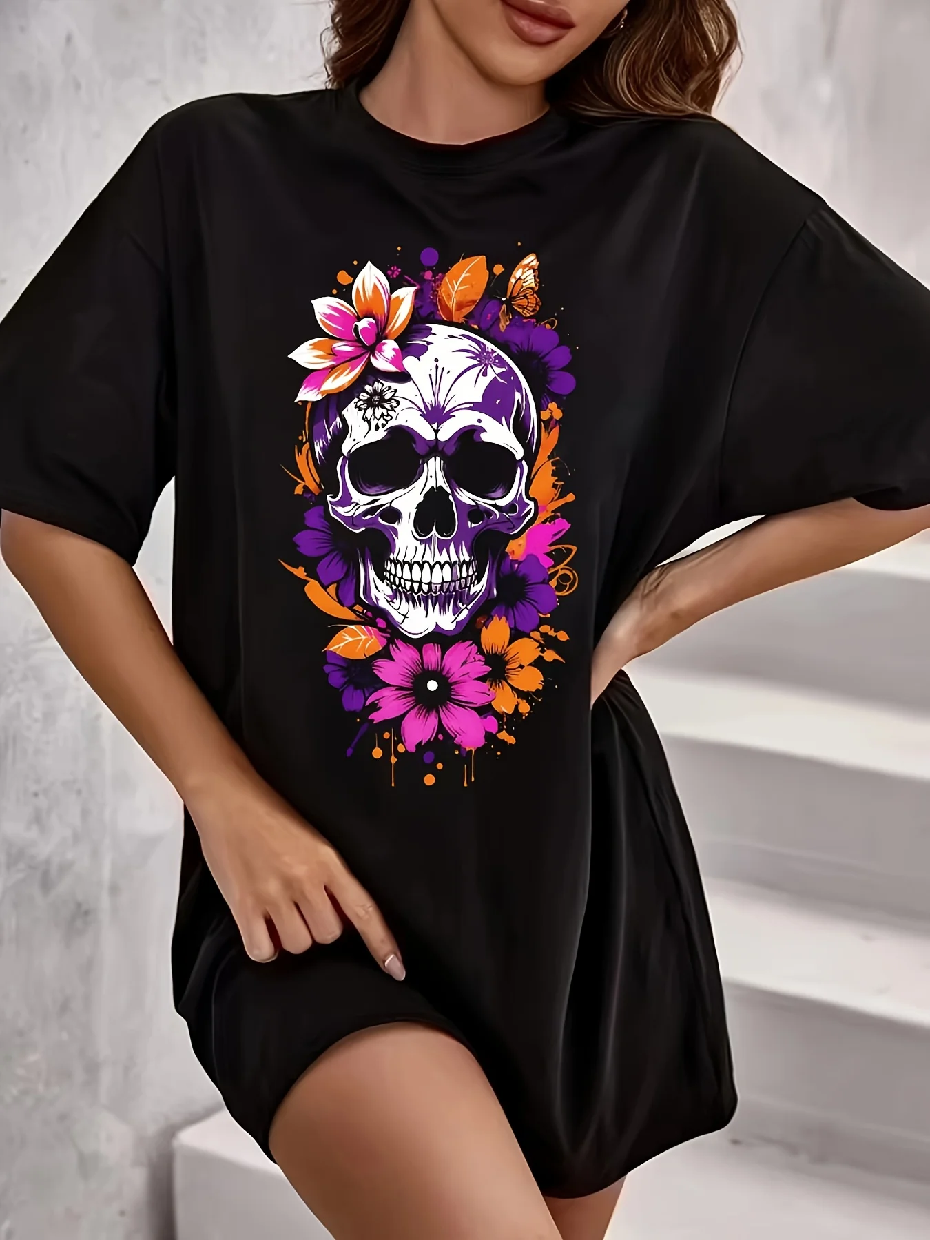 

Женское платье-туника в готическом стиле в стиле бохо с черепом и цветочным принтом больших размеров, повседневное платье без рукавов с короткими рукавами и круглым вырезом для тематических мероприятий