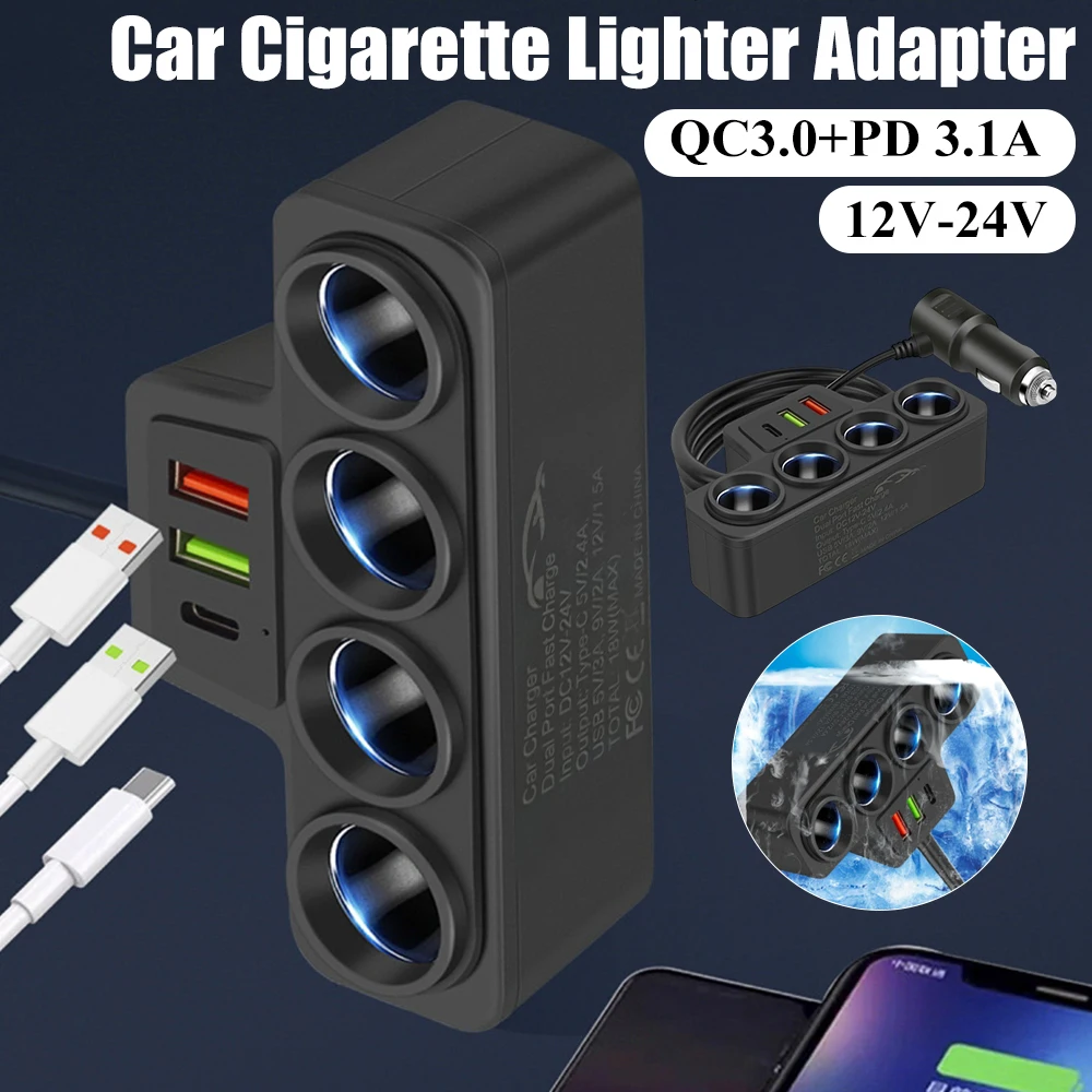 Auto-Zigarettenanzünder-Steckdosenverteiler mit 3 USB-Anschlüssen QC3.0 PD 3.1A 12V-24V Schnellladegerät 4-fach Steckdose 18W Telefon-Stromadapter