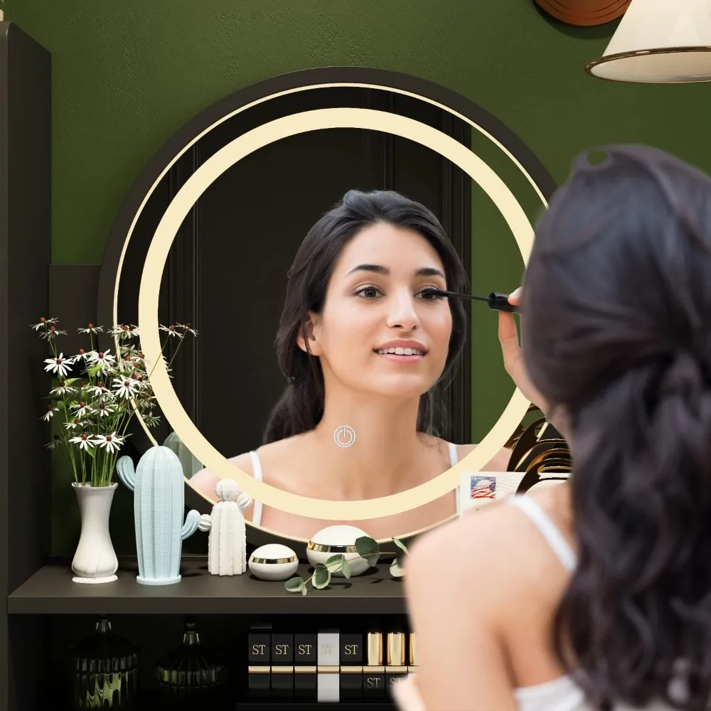 طقم خزانة مكياج مع 5 أدراج ورف مرآة مستديرة مع شاشة تعمل باللمس ومجموعة زينة خفيفة مع مقعد مبطن