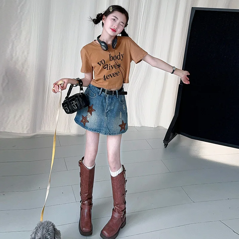 

Teenager Girls shorts sets Summer Cotton t-shirt+Labeling star Denim skirt pants 2pcs junior kid clothes suit child outfits 4-14