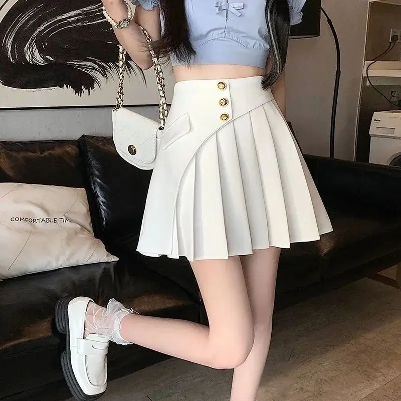 Sweet Fashion Versatile Spring Summer New Skirts Women Solid Folds Single Breasted Irreg Korean Casual High Waist A-line Skirt