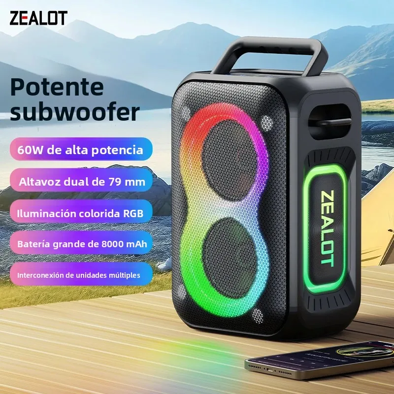 zealot-pt02 altavoz bluetooth 54 altavoz portatil para exteriores de 60 w con ipx6 resistente al agua tiempo de reproduccion de 12 horas para acampar y hacer senderismo