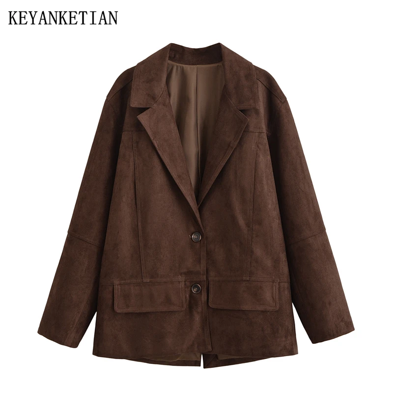 

KEYANKETIAN Autumn And Winter New Women's Clothing Patchwork Single Breasted Long Sleeved Hem Irregular Suede Suit Women Jacket