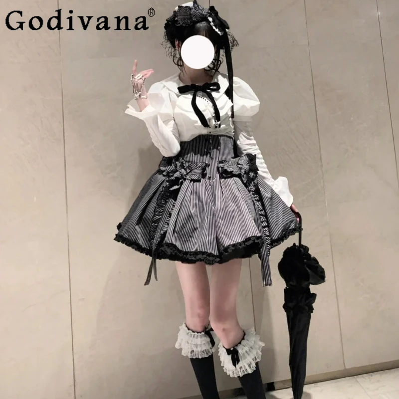 

Lolita Daily Wear Set Women Subculture Puff Gothic Lolita Shirt High Waist Short Skirt Outfits Female Summer Skirt Suits