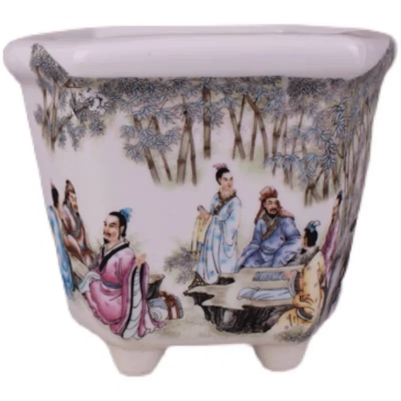 Chinese Famille Rose Porcelain Figure Painting ZhuLinQiXian Design Hexagonal Flowerpot