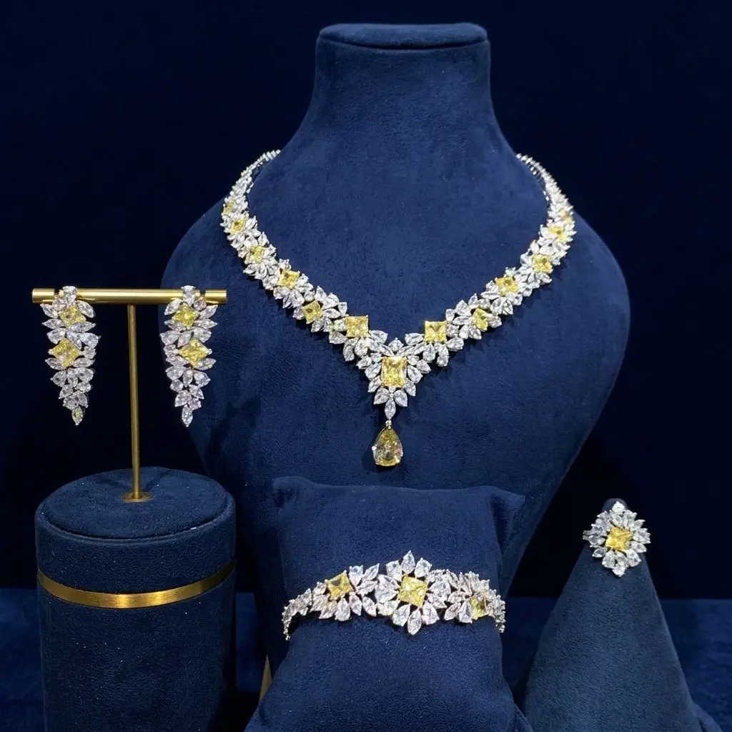 Bride Talk Luxury Yellow Zircon Bridal Jewelry Set 4Pcs Elegant Floral Marquise Canary Diamond Style Wedding Accessories