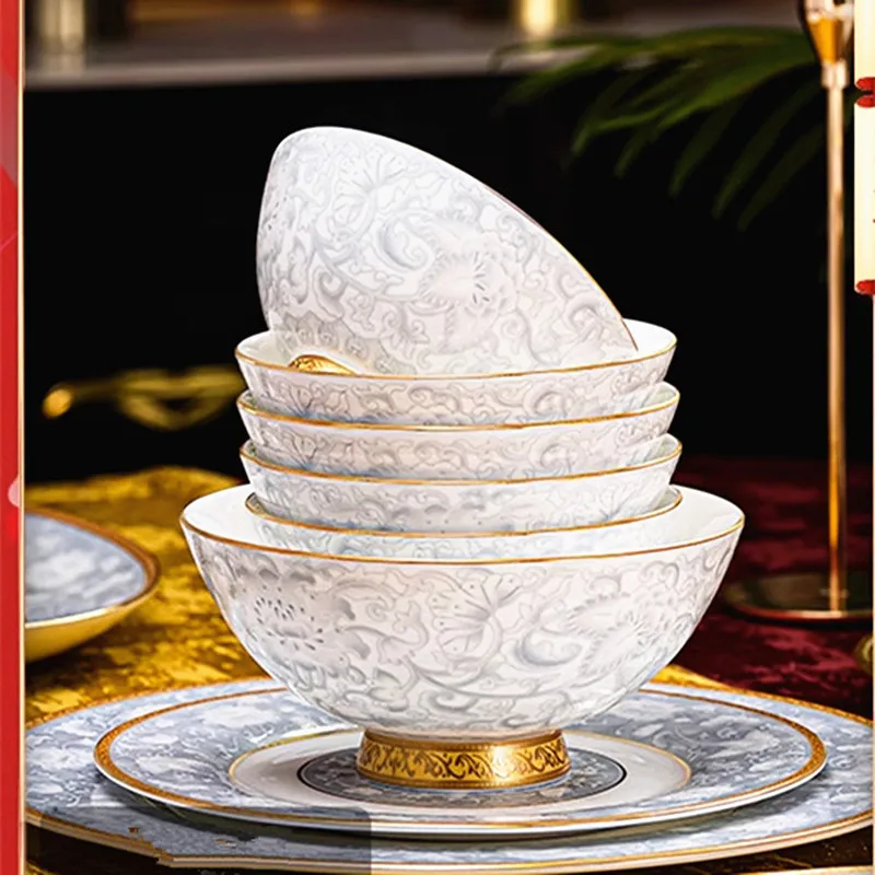 Elegant and Luxurious Bone China Plate Set Enamel Coloring Gold Rim for Family Dining Stylish & Eye-catching Porcelain Plate Set