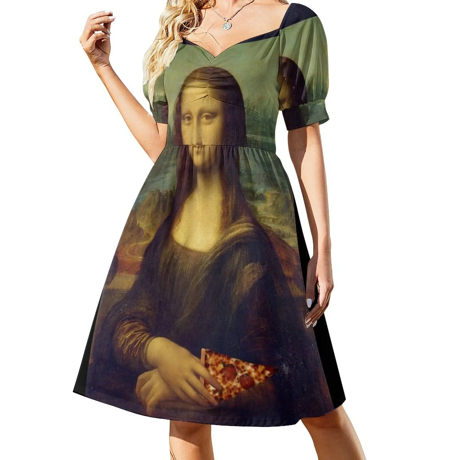 

Mona Lisa with a Piece of Pizza Sleeveless Dress Aesthetic clothing elegant and pretty women's dresses summer clothes