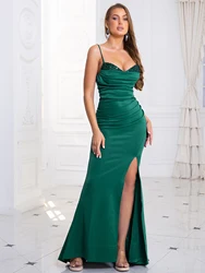 Romagic Sleeveless Wedding Party Dress Spaghetti Strap V Neck Green Slit Pleated Blackless Long Mermaid Evening Prom Gown Summer