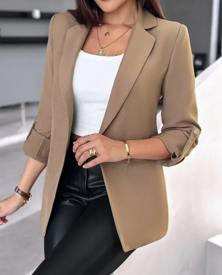 Women Open Front Blazer Lapel Collar Long Sleeve Roll Cuff Elegant Office Commuter Suit Jacket