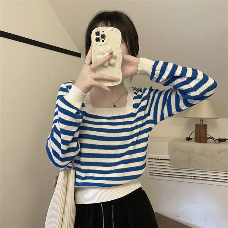 New style Korean version stripe Square Collar Women Knitted shirt Long sleeved Unique Pullover casual top Youth Elegant