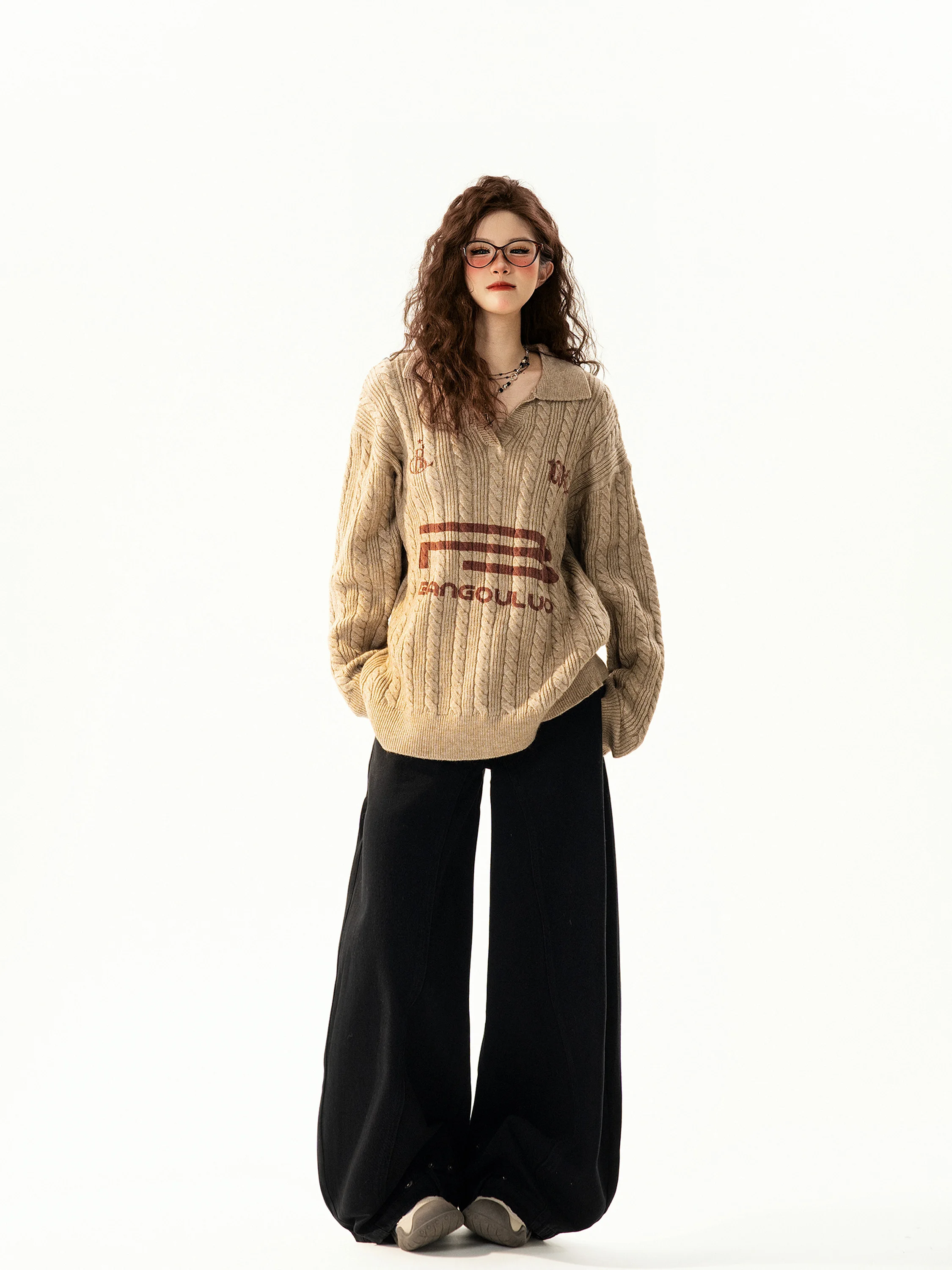 

Retro Letter Print V-Ne Sweater Women's Loose All-Match Knitted irt Street Sle Autumn Winter Faionable Casual Top